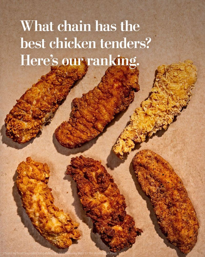 Image of six different styles of fried chicken tenders arranged on a textured surface. Text overlay reads “Which fast food chain has the best chicken tenders? Here’s our ranking.” Photo by Scott Suchman. Food styling by Lisa Cherkasky. Both for The Washington Post.