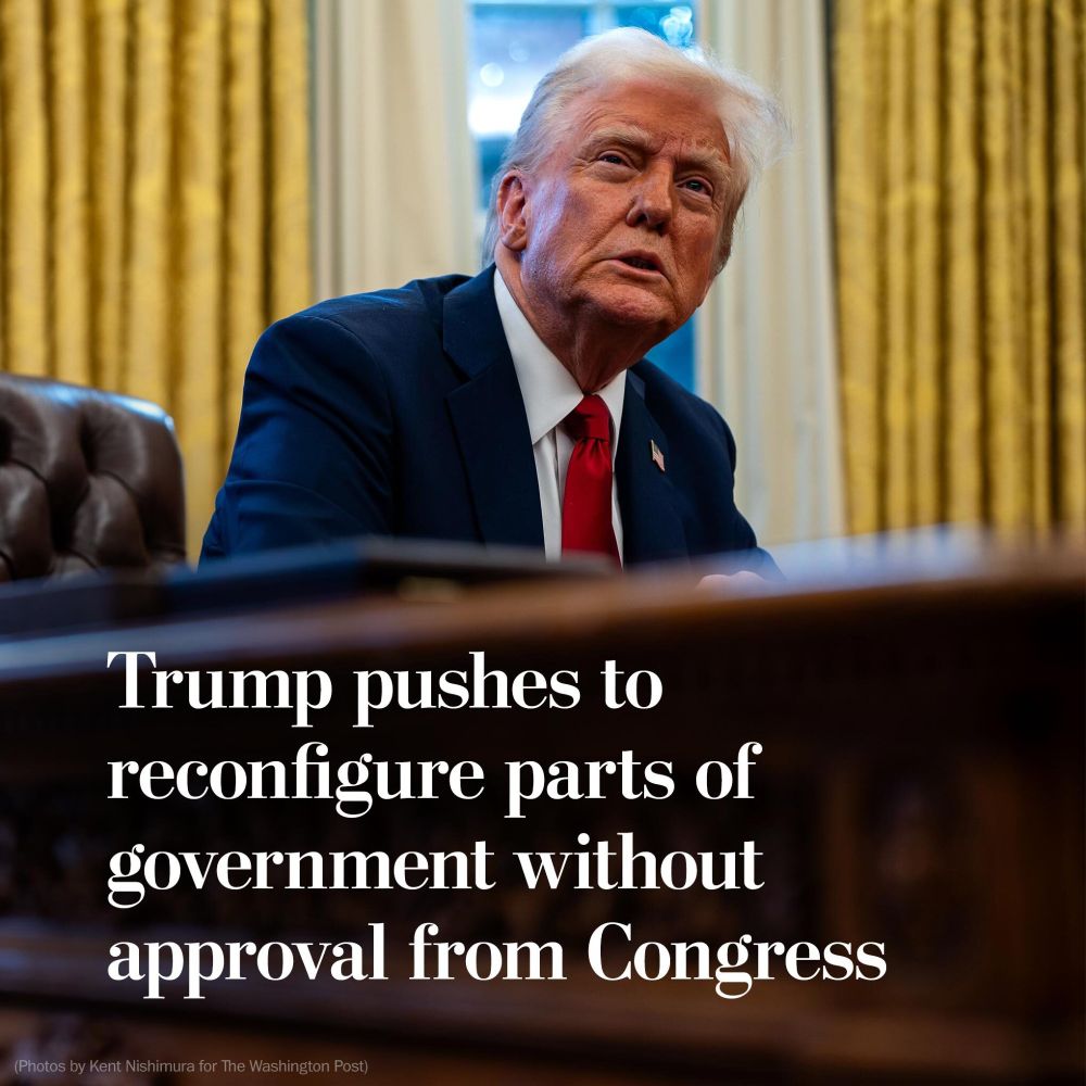 President Donald Trump speaks to members of the press after signing two executive orders in the Oval Office of the White House on January 30, 2025 in Washington, D.C. The text reads, “Trump pushes to reconfigure parts of government without approval from Congress.” Photo by Kent Nishimura for The Washington Post.