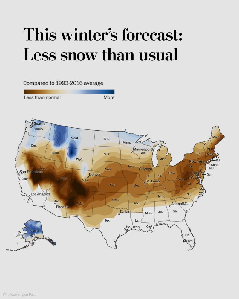 Illustration of U.S. weather patterns: winter snowfall forecast compared to 1993-2016 average