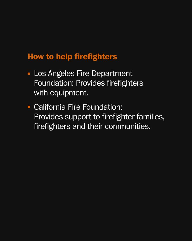 Text reads, "How to help firefighters

- Los Angeles Fire Department Foundation: Provides firefighters with equipment.
- California Fire Foundation: Provides support to firefighter families, firefighters and their communities."