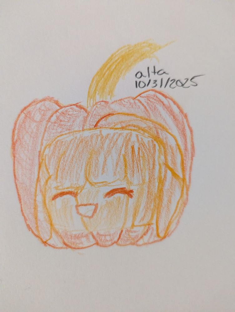 A colored pencil sketch of the pumpkin @kiaratv carved on stream 