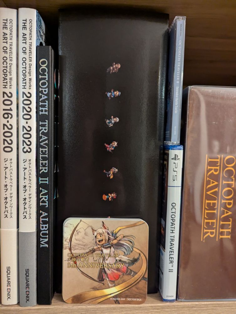 My Octopath Traveler collection.  Included are: 
Octopath Traveler Design Works 2016-2020
Octopath Traveler Design Works 2020-2023
Octopath Traveler II Collectors Edition (PS5)
Octopath Traveler II Extended Battle Tracks 
Octopath Traveler II Art Album
Octopath Traveler Wayfarer's Edition 
5th Anniversary Coasters

