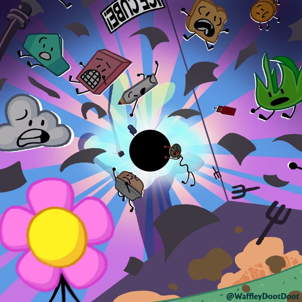 Stylistically accurate drawing based on the intro sequence of BFB 1: Getting Teardrop To Talk. Black Hole is in the center, with several characters and sheets of paper being sucked up. A portion of the background shows grass, trees, and Yoyle Mountain.
