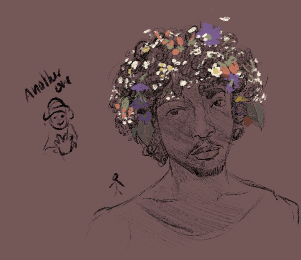 A drawing of a boy with flowers in his hair, reference from Pinterest