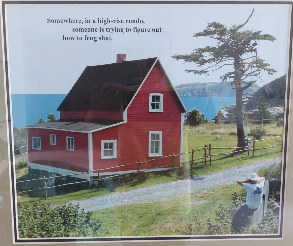 A photo of a red wooden house and a scrubby tree in a green field overlooking the sea. In the bottom right, a man sits on a fence and takes in the view. At the top of the photo is text that reads, 