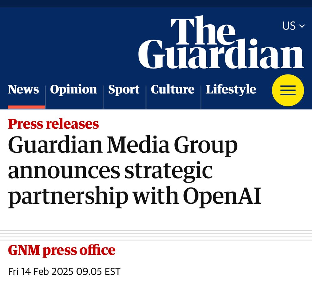 a screenshot of an article on The Guardian’s website titled “Guardian Media Group announces strategic partnership with OpenAI” because we live in hell and there is no such thing as independent and ethical news. maybe i’ll get hit by a bus today. fingers crossed!