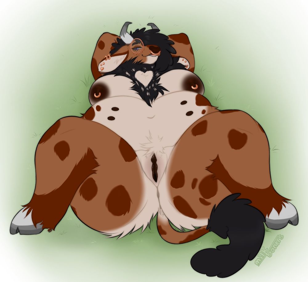 An art piece of Daisy completely naked, laying down on a bed of grass with her legs spread, her curves and pussy are visible for all to see. She has an alluring expression, as if she’s inviting you to ogle at har figure.