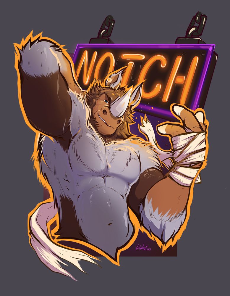 Badge commission depicting a wooly rhino character named Notch. He is a natural toned beefy beast! With brown forelimbs and a grey, wooly main over his body. His two horns are sharply pointed. He is looking down at the viewer, cocky, aware of his size. He has one hand loosening up his neck while the other is raised, showing a three fingered, hooved hand with bandages like a bare knuckle boxer loosely wrapped around it. Behind him in orange lettered, neon lighting his name, 'Notch'. The lighting passes a warm glow over his body. 