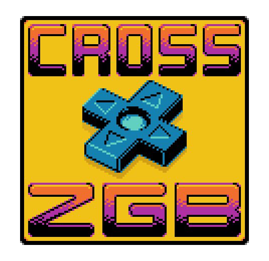 Image of the text "Cross ZGB" with a game-pad graphic located between the two words. Pixelated style with dithered gradients from orange to magenta to  black. Yellow background