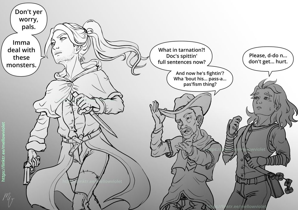 Logan and Fang swapped bodies. While Logan strides forward with Fang's body, his hair tugged in a loose, practical ponytail, and armed with his trusted gun and knife, he announces, "Don't yer worry, pals. Imma deal with these monsters." In the back there is a visibly confused Cooper, yapping, "What in tarnation?! Doc's spittin' full sentences now? And now he's fightin'? Wha 'bout his... pass-a... pas'fism thing?" (He struggles to remember the word pacifism). Further in the back Fang stands there in Logan's body, open hair waving in the wind as he shows uncertainty and concern in both facial expression and body posture. "Please, d-do n... don't get... hurt," he stutters with Logan's manly voice.
