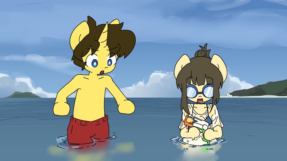 Dream looks at the filled-up water gun that Sphee has brought up the water.