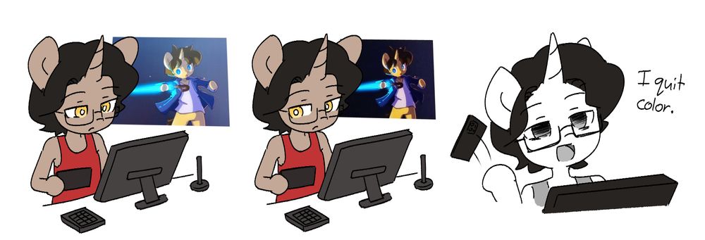 Panel 1: Looking at artwork on the screen tablet
Panel 2: Looking at artwork on the the phone, seeing it in a slightly different color
Panel 3: "I quit color," he says while throwing his phone out. Panel is in black and white.