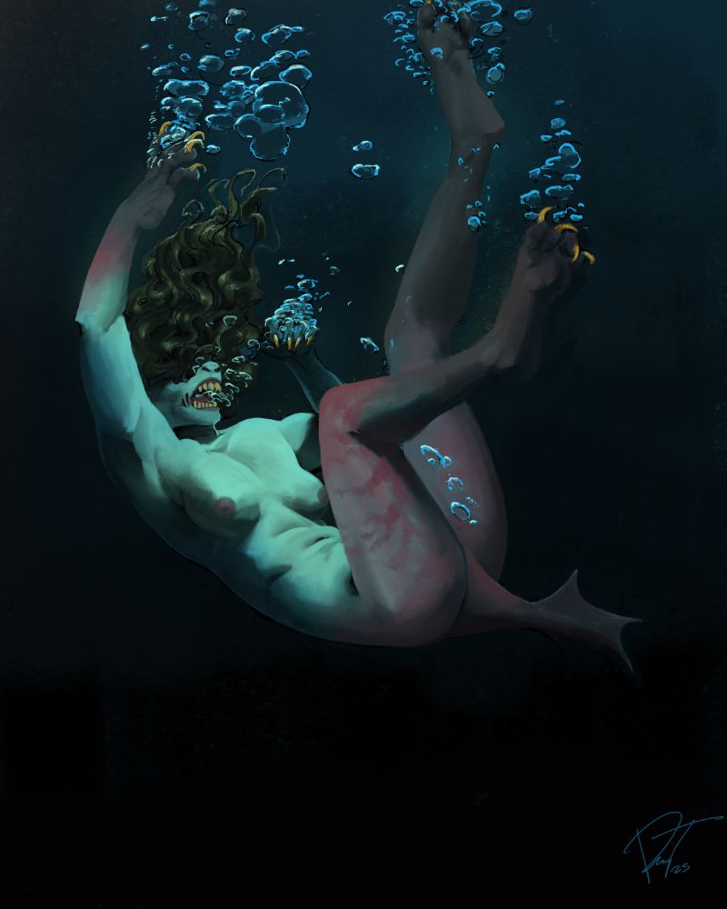 Scene of a woman falling in water, half turned into a sea creature.