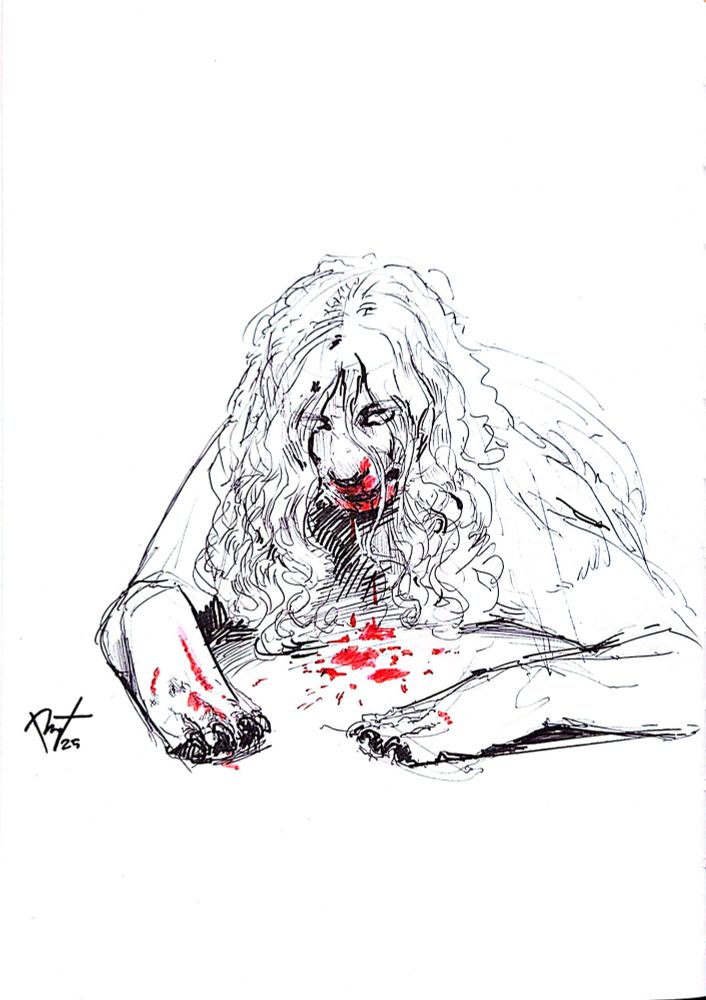 A half turned dog woman lays on the floor. Her nose is bleeding, and she looks at you with an empty expression. 