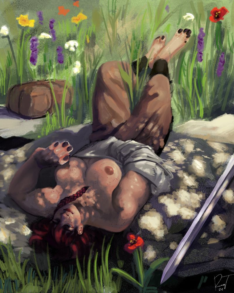Painting of a red-headed warrior woman laying beneath a tree, sword and sack at her side. She's taking off her clothes, getting ready for the change coming her way.