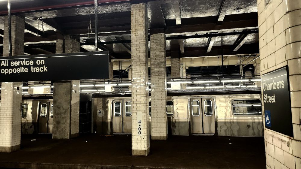 Chambers Street Subway in Manhattan. Train view. 