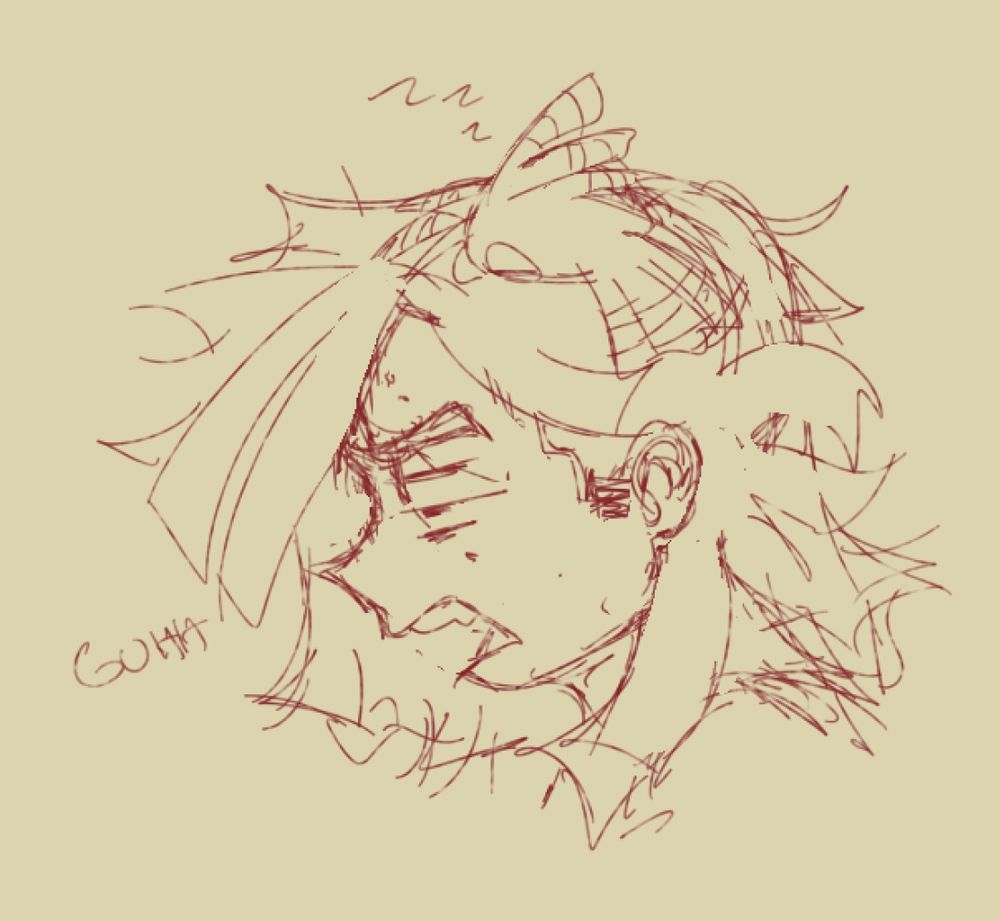 A side-profile bust sketch of Rody Soul. Pino is flopped on his head, sleeping. His hair is down. He looks tired, his mouth open with an annoyed groan (evidenced by the text that reads "GUHH" next to him). Art by cosmicaces.
