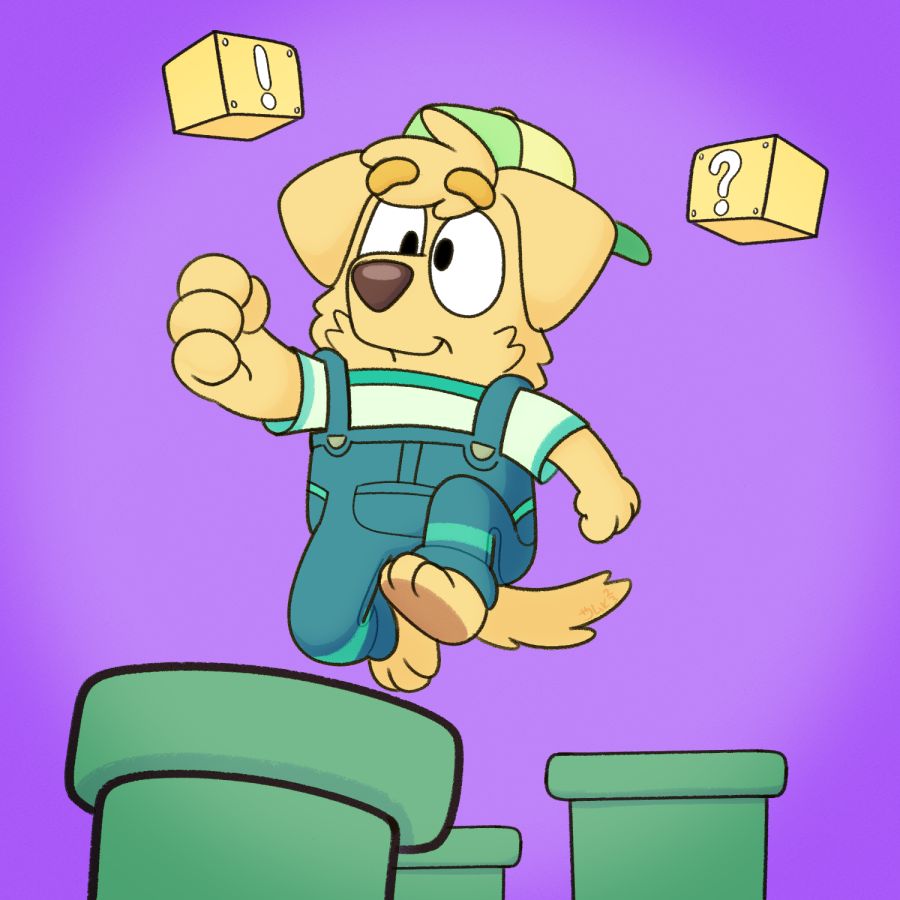 BD in his Bluey form jumping on pipes