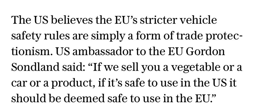 Gordon Sondland states EU safety rules for vehicles are a form of protectionism.