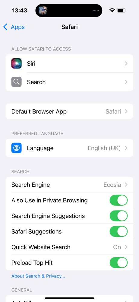 Settings screen from iOS showing Safari’s search engine is now set to ecosia