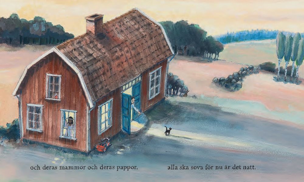 Spread uit de Zweedse editie van Astrid Lindgrens Alla ska sova, illustratie Marit Törnqvist