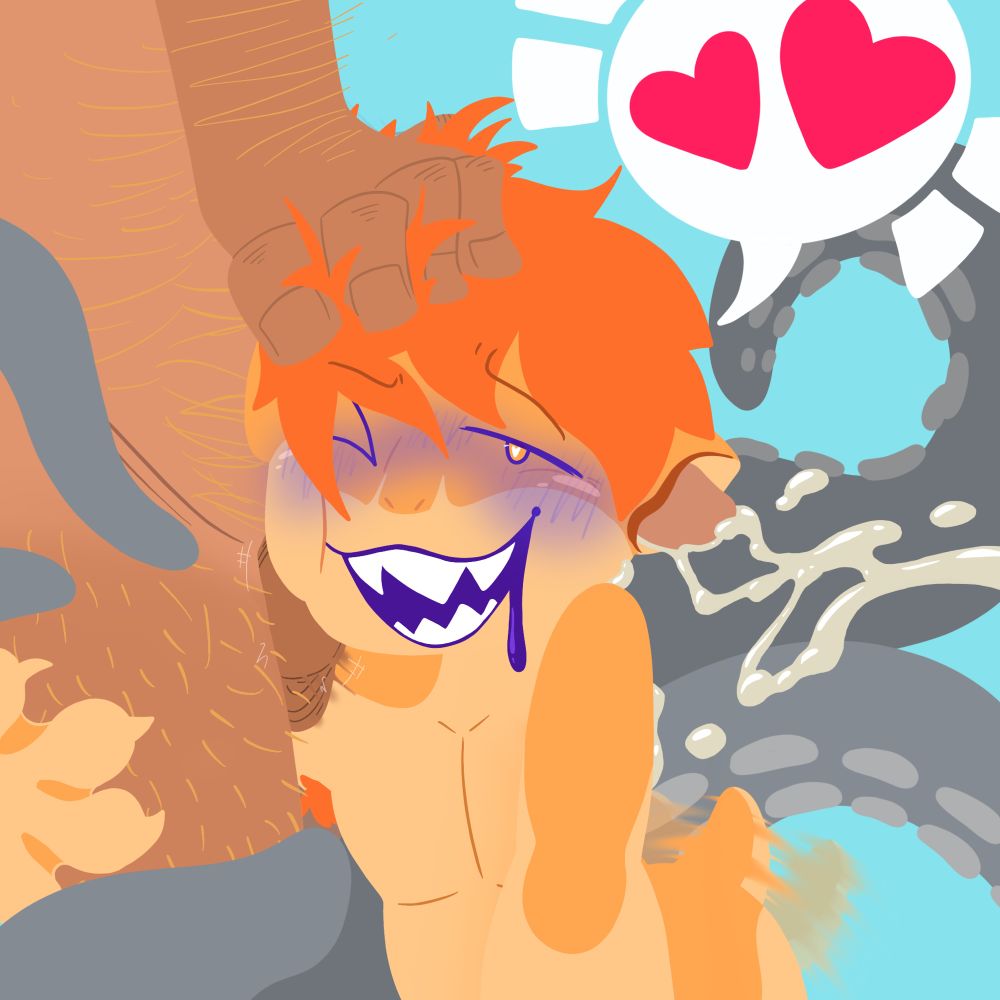 A short middle aged octopus humanoid with orange hair and skin getting fucked in the early by a tall tan human. He is blushing and wagging a stumpy tail as he smiles and holds onto the human with his arm and tentacles.