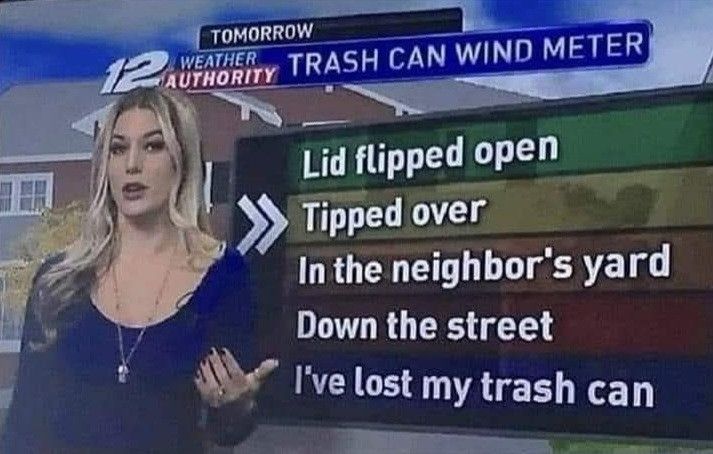 Old screenshot of a TV weather slot with the announcer showing a "Trash can wind meter"