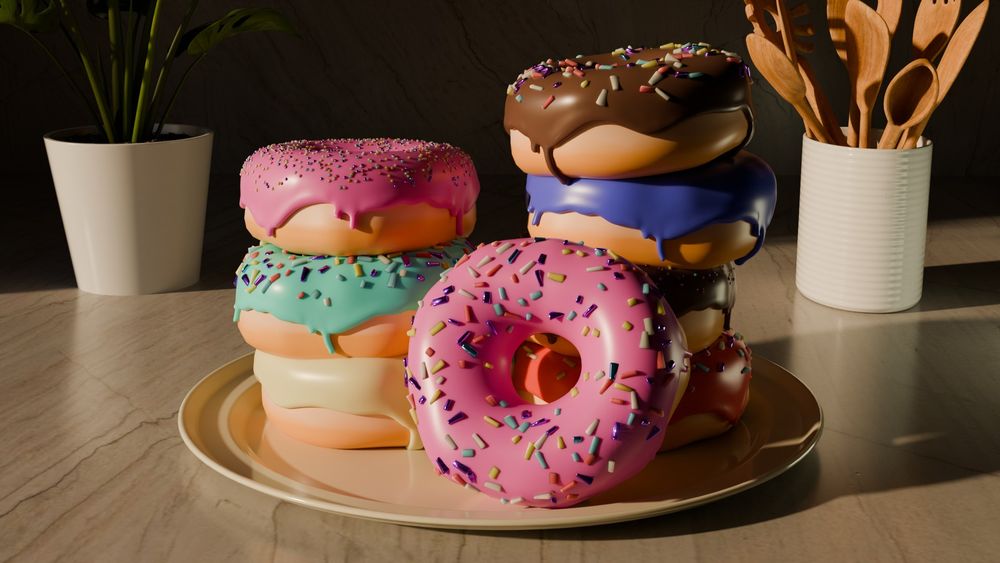 CG donuts with varying icing colors and sprinkles; alongside a potted plant and an assortment of cutlery flanking the donuts.