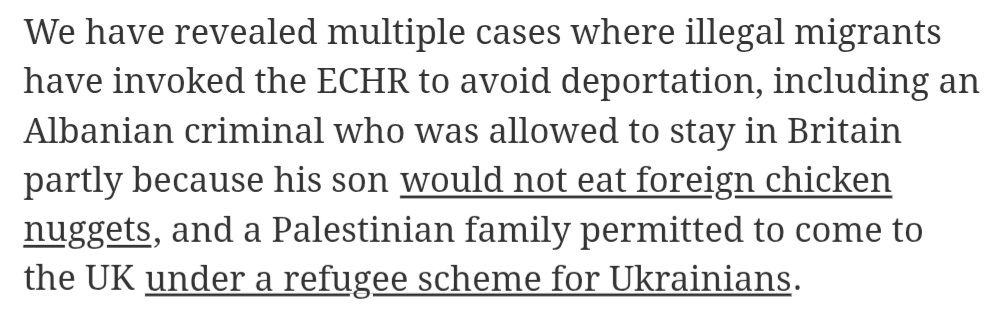 We have revealed multiple cases where illegal migrants have invoked the ECHR to avoid deportation, including an Albanian criminal who was allowed to stay in Britain partly because his son would not eat foreign chicken nuggets, and a Palestinian family permitted to come to the UK under a refugee scheme for Ukrainians.