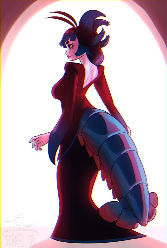 An illustration of @fr00tsloops.bsky.social's blue lobster oc Clawdia facing left against a bright white background