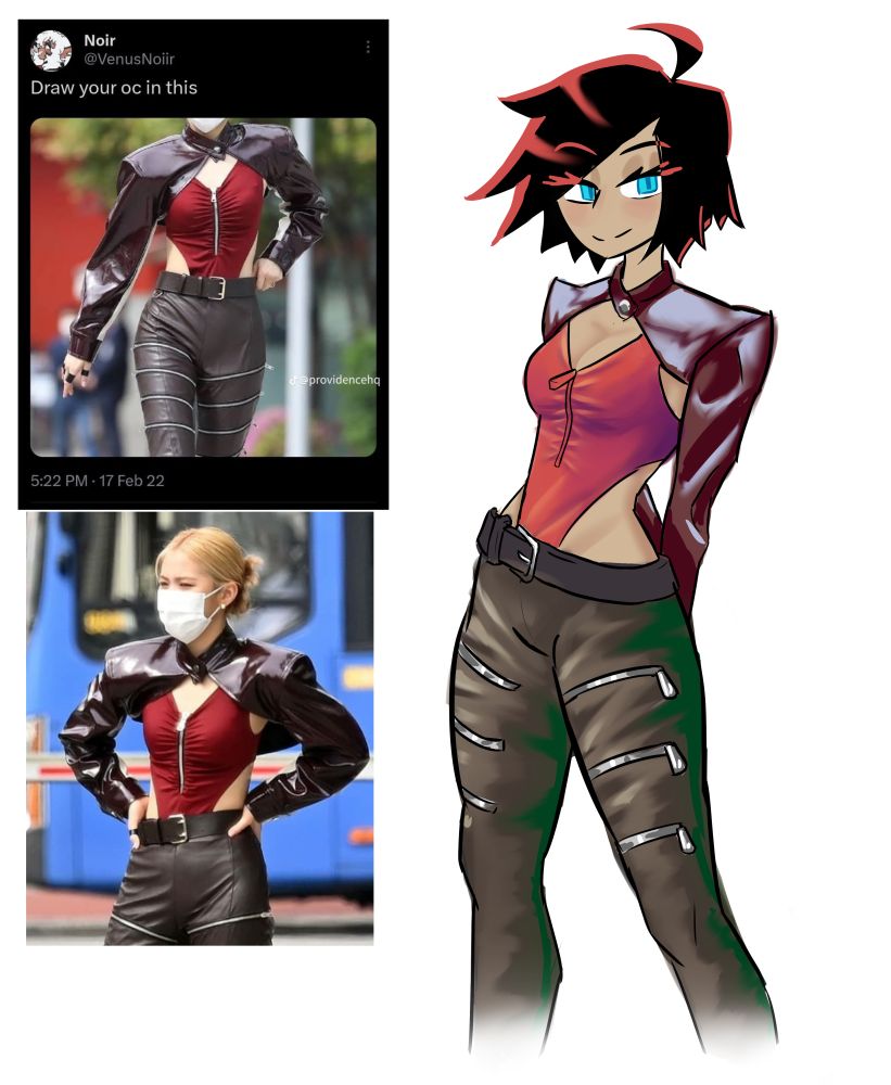 A drawing of my oc Anue next to clothing reference images, one from twitter captioned "Draw your oc in this"