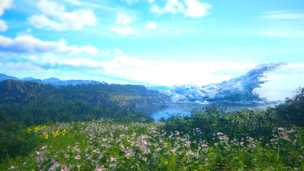 A landscape shot of Mysidia from FFXVI. Focusing on a hill of flowers overlooking the Surge, and the bay.