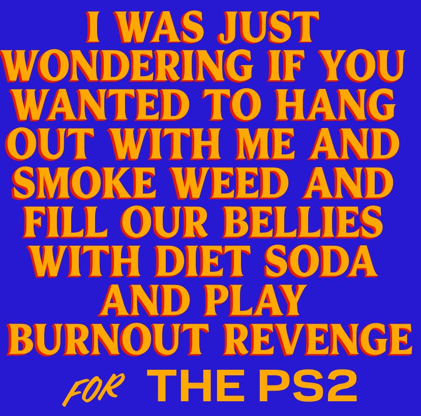 I was just wondering if you wanted to hang out with me and smoke weed and fill our bellies with diet soda and play Burnout Revenge for the PS2