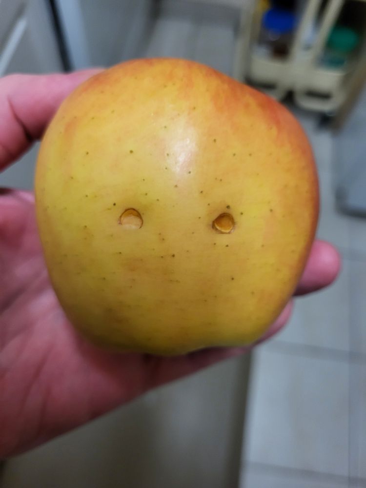 Ambrosia apple with 2 parallel puncture marks.