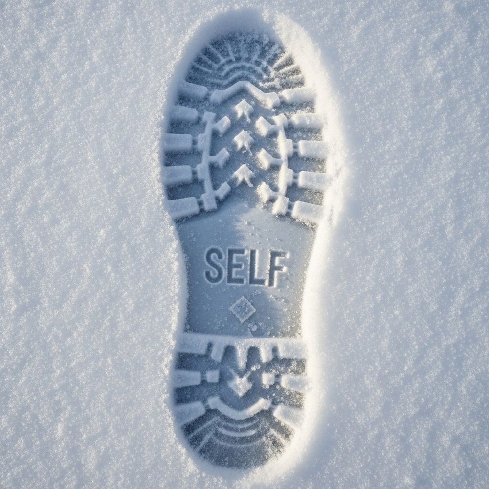 A footprint in the snow with the word "self" imprinted from the boot