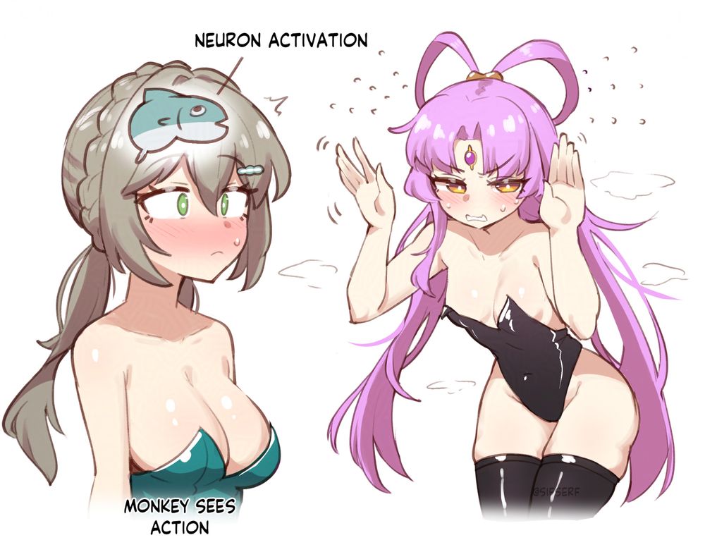 Honkai Star Rail character Qingque doing the face of the Monkey Neuron Activation Meme towards Fu Xuan, both of which are dressed in playboy bunny suits