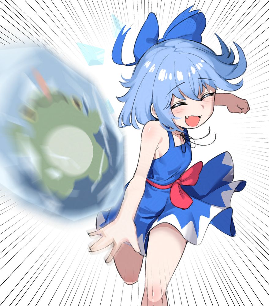 Cirno from Touhou wearing a short dress rapidly throwing a frozen frog at POV