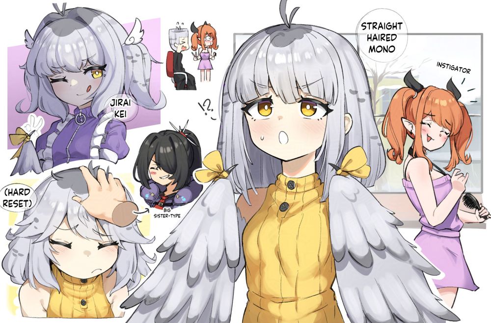 different depictions of my oc mono with straightened hair, pigtails, and her usual scruffiness after getting her hair ruffled