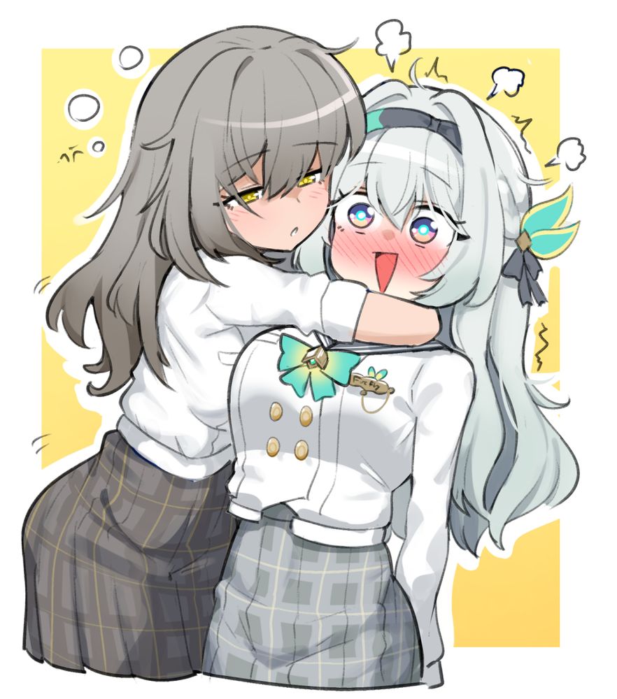 Stelle falling asleep on Firefly as she's getting flustered, Firefly specifically in her new Spring Missive school uniform-themed skin and Stelle in a matching similar outfit