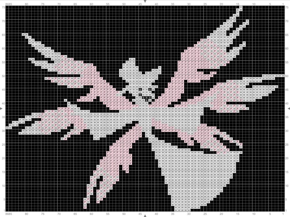 A knitting chart of Lucifer, in black, white, and pink. The following screencap was used as reference. I used the StitchSketch app to design it. I’m thinking this would be cute as the front of a graphic sweater. I wish I could get more detailed for the face, but the gauge of the yarn and dimensions of the sweater won’t let me. I think it would still be cute!