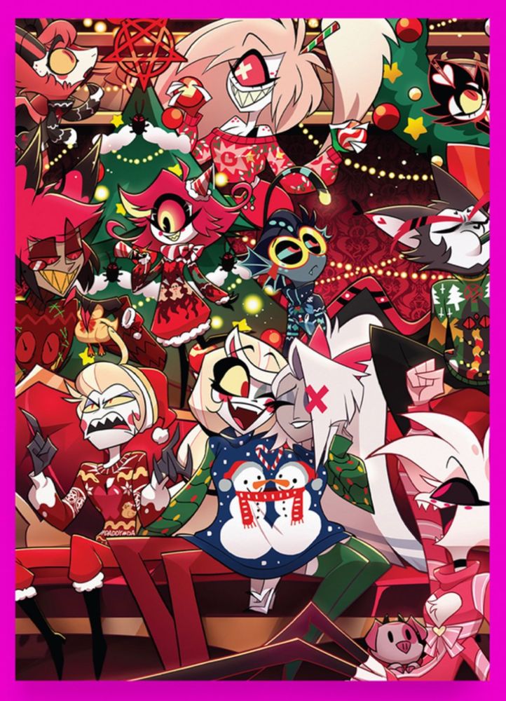 Alastor has a sweater with his radio demon face on it.
Lucifer’s sweater features an apple, snakes, ducks, pentagrams and the word DADDY.
Vaggi and Charlie are in a couples sweater with snowmelt and the sleeves are Christmas trees.
Angel’s knit dress has the same heart cutout as his top in s2, with a ribbon bow around his waistline like a present, and with the same ribbon striping going down his four sleeves.
Husk’s sweater features a cat and trees.
Baxter’s is hard to see but has a crab on it.
Cherri has a sweater with Christmas lights and explosions with hearts inside.
Niffty’s has flames on the bottom, with gingerbread men and knives, and some wreaths on the sleeves and some bows along the neckline.
Razzle has a black sweater with some red hearts on the bottom and some scale patterning in white. There’s something red on the front but it’s not clear what it is.