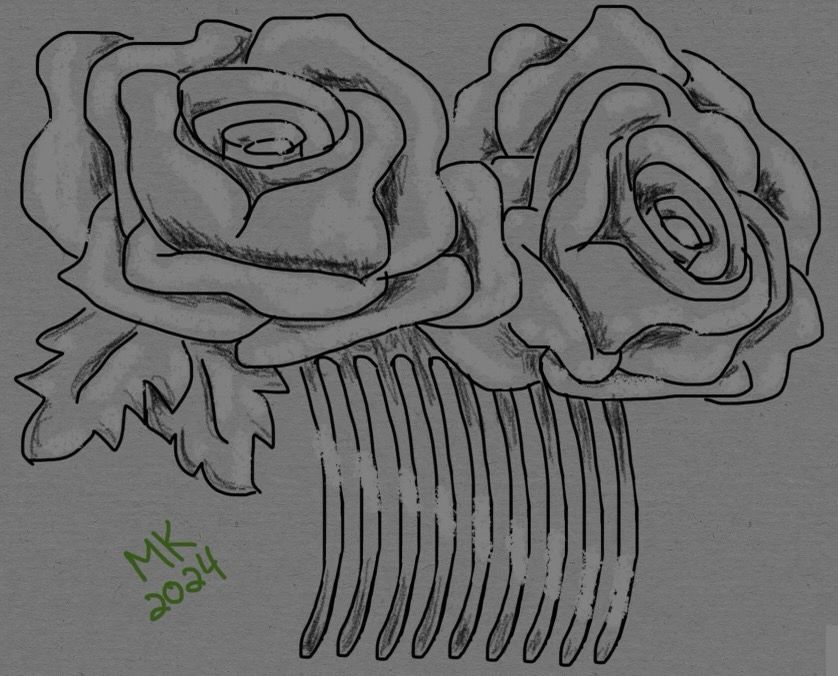 A sketch of a hair comb decorated with two roses, with some shading and highlights to evoke that it’s made of silver.