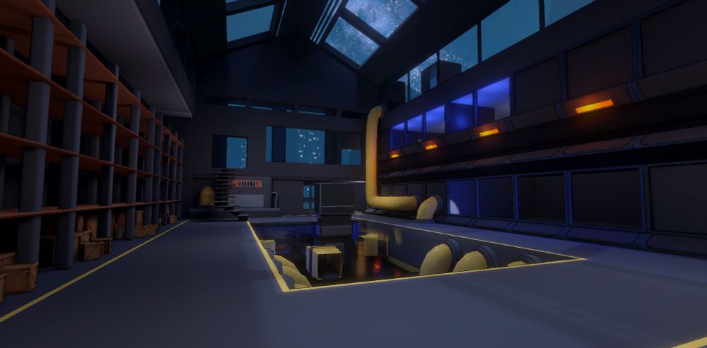 a large warehouse with giant shelves, mysterious machines and pipes. stylized and scifi themed with complimentary lighting choices 

This is the same as the first image except from an alternative angle