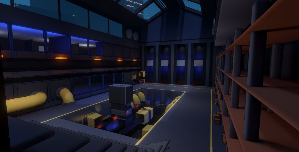 a large warehouse with giant shelves, mysterious machines and pipes. stylized and scifi themed with complimentary lighting choices 