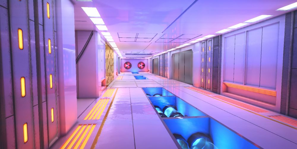 a long hallway with vaporware coloured lighting, reflective white surfaces in a scifi setting