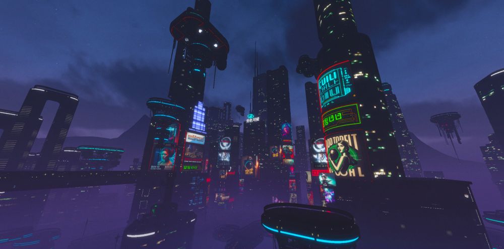 cyberpunk scifi city in the clouds with neon lights and fake advertisements