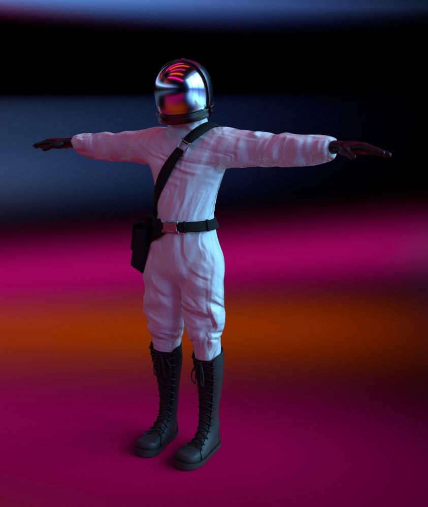 3d render of a researcher with a space helmet in a vibrant environment in a tpose
