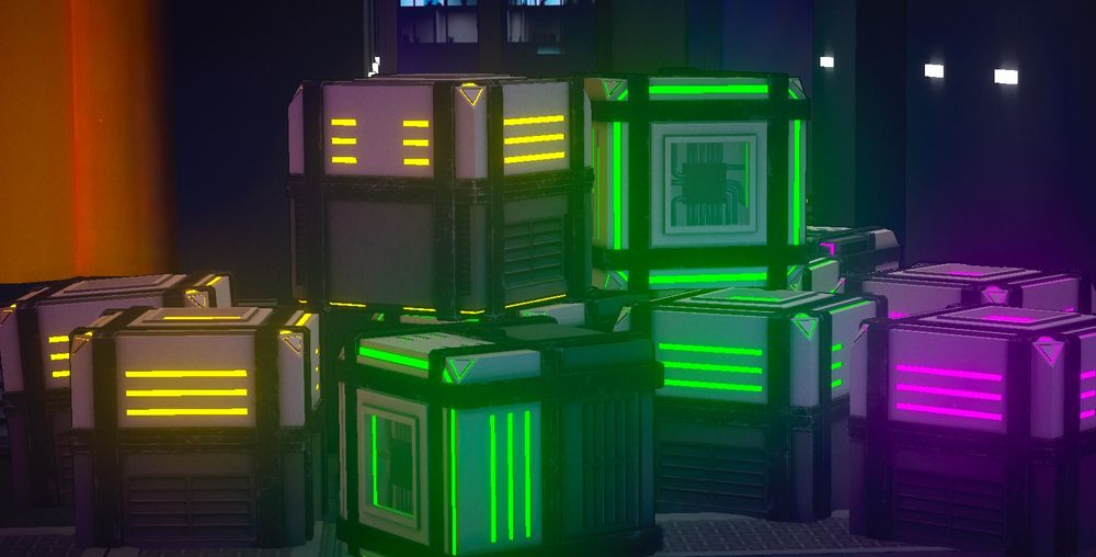 colourful scifi lootboxes piled on top of each other 