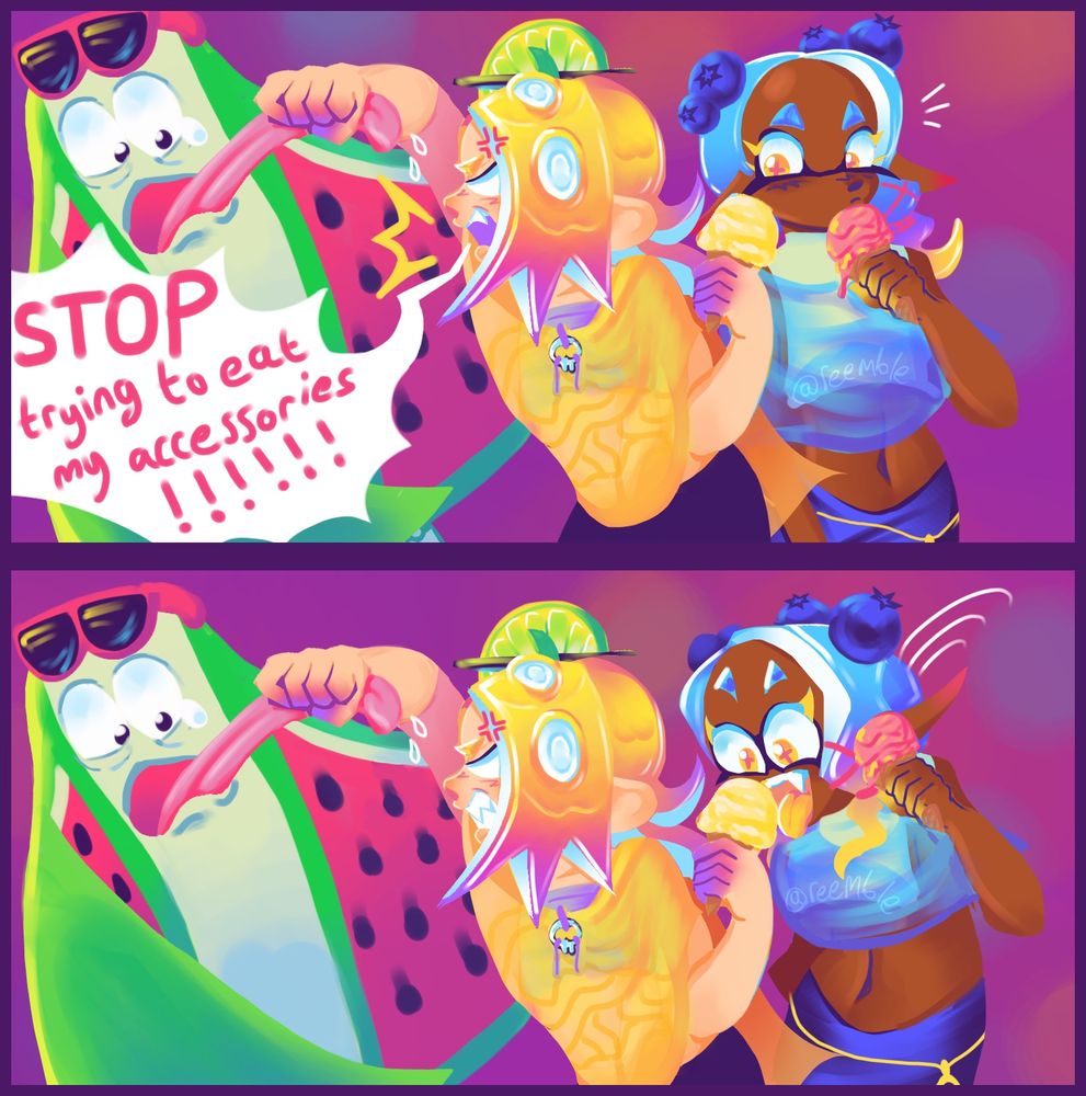 Second page of the comic. In the first panel, Big Man recoils in pain as Shiver angrily grabs his tongue. She yells “STOP trying to eat my accessories!!!” In doing this, Shiver has turned her body and positioned her ice cream closer to Frye. Frye has taken notice. In the second panel, Frye lunges for Shiver’s ice cream with a very excited expression. Shiver is none the wiser as she continues to scold Big Man. 