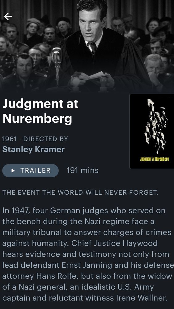 Jugement at Nuremberg 
1961
Directed by Stanley Kramer 